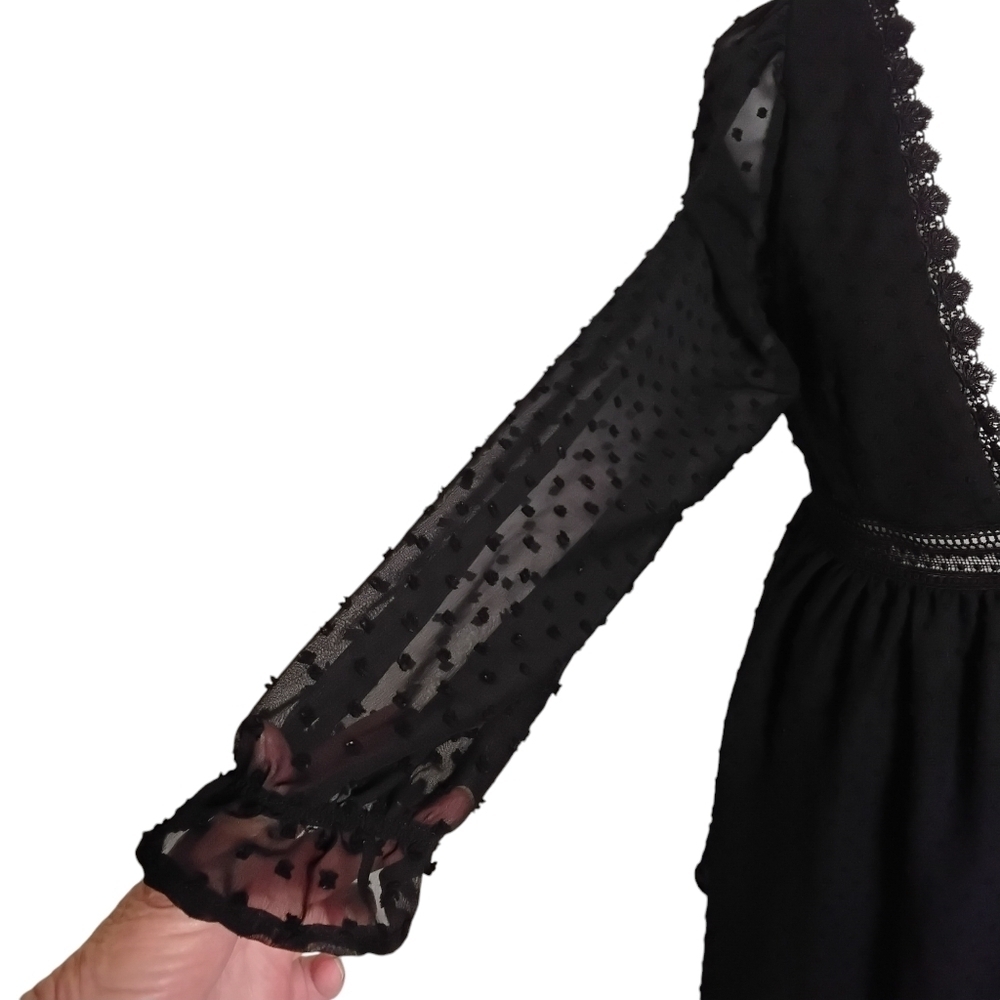 Shein Women's Black Scheer Deep V-Neck Long Sleeve Swiss Dot Tie Mini Dress L - Picture 5 of 9